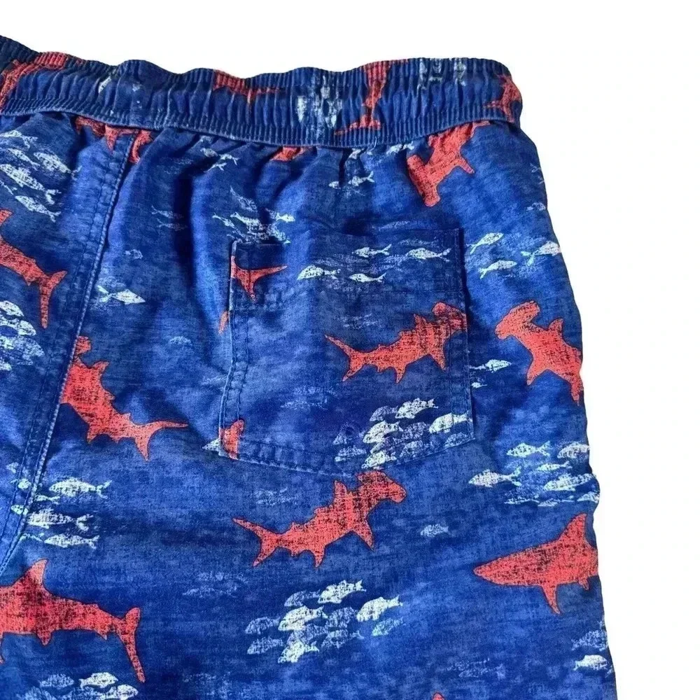 Land's End Boys Size L 14-16 Swimsuits Swim Shorts Trunks Blue Shark Drawstring